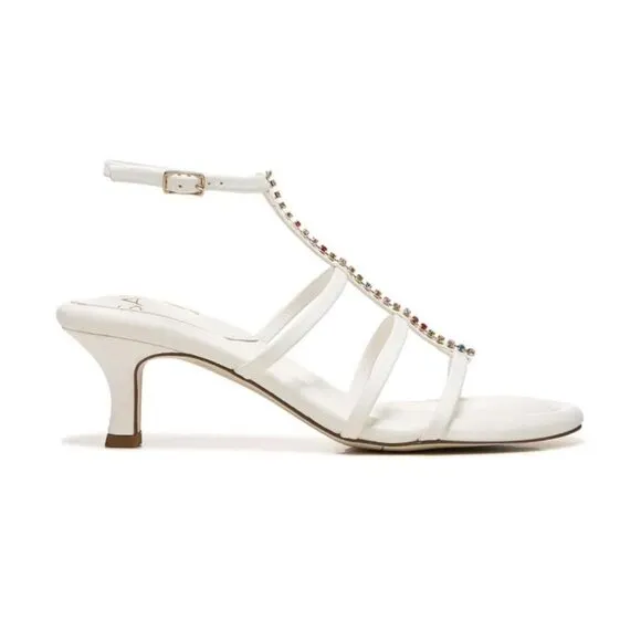 Franco Sarto Womens White Leather Rhinestones Ankle Kitten Heel Sandals Sz 8 NIB