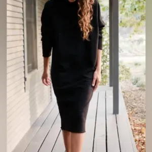 FRANK &amp; EILEEN Isabelle Black Minimalist Midi Cotton Funnel Neck Long Dress XS