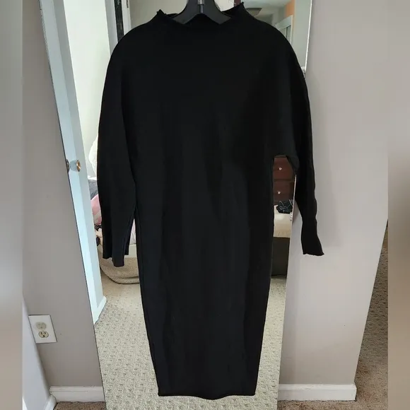 FRANK &amp; EILEEN Isabelle Black Minimalist Midi Cotton Funnel Neck Long Dress XS