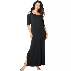 FRANK LYMAN Black Jersey Knit Cold-Shoulder Side Slit Maxi Dress Sz 8 Minimalist