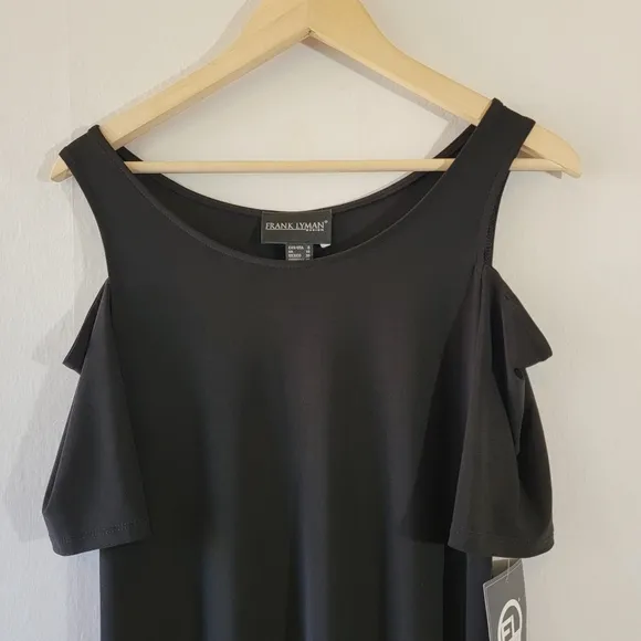 FRANK LYMAN Black Jersey Knit Cold-Shoulder Side Slit Maxi Dress Sz 8 Minimalist