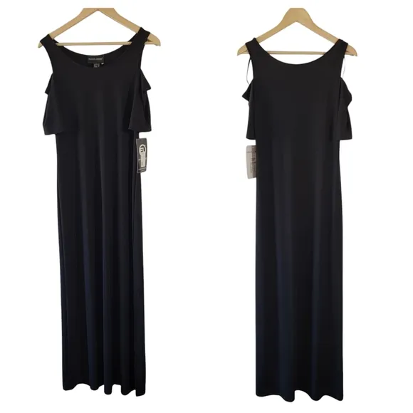 FRANK LYMAN Black Jersey Knit Cold-Shoulder Side Slit Maxi Dress Sz 8 Minimalist