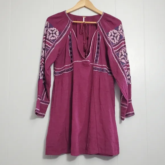 Free People All My Life Embroidered Shift Mini Dress Tie Front V Neck XS