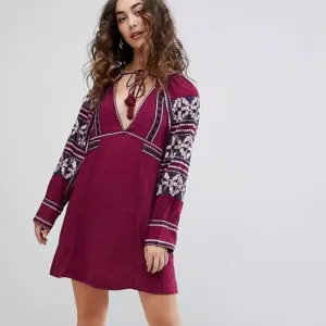 Free People All My Life Embroidered Shift Mini Dress Tie Front V Neck XS