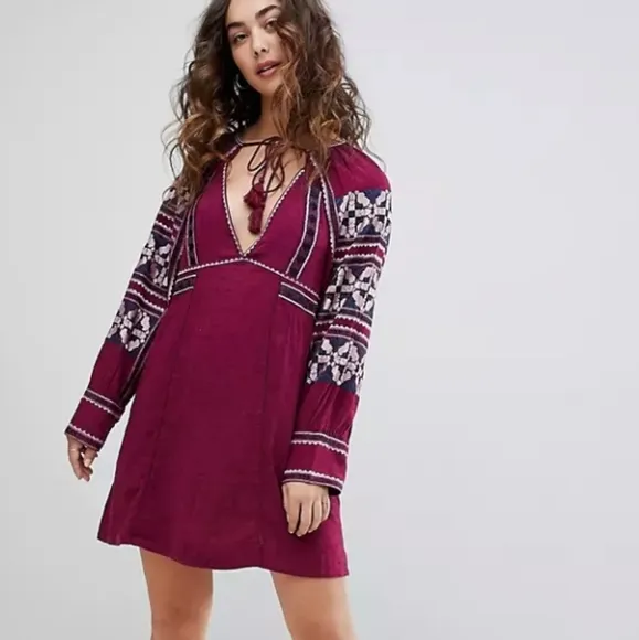 Free People All My Life Embroidered Shift Mini Dress Tie Front V Neck XS