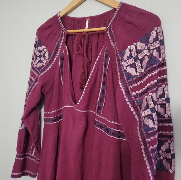 Free People All My Life Embroidered Shift Mini Dress Tie Front V Neck XS
