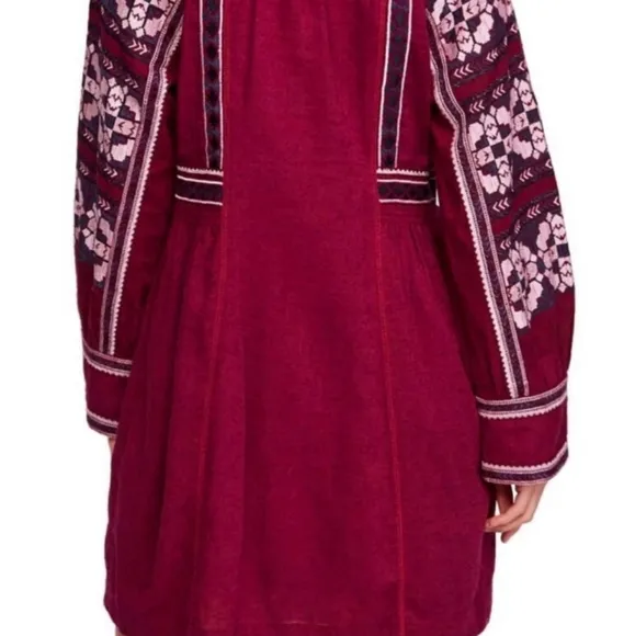 Free People All My Life Embroidered Shift Mini Dress Tie Front V Neck XS