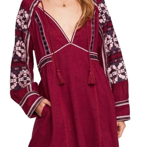 Free People All My Life Embroidered Shift Mini Dress Tie Front V Neck XS