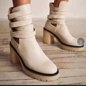 Free People Cream Leather Jesse CutoutHeeled Ankle Boots Size 38