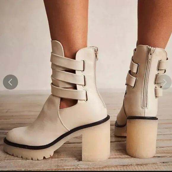 Free People Cream Leather Jesse CutoutHeeled Ankle Boots Size 38