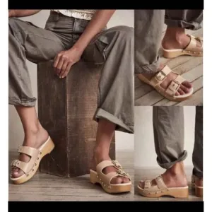 Free People Fiona Cream Croc Buckle Stud Accent Wooden Cushioned Clogs Size US 8
