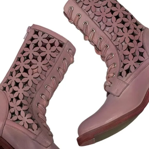 Free People Flower Power Lace-up Ankle Boots Pink Combat Boots Sz 36 US 6