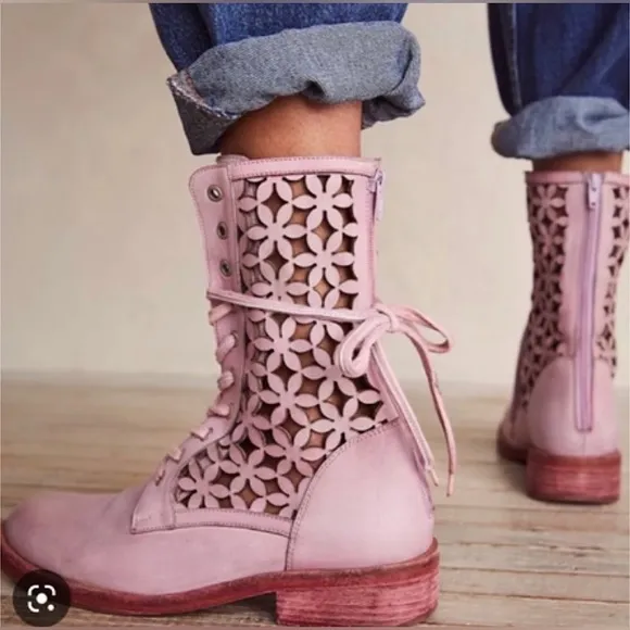 Free People Flower Power Lace-up Ankle Boots Pink Combat Boots Sz 36 US 6