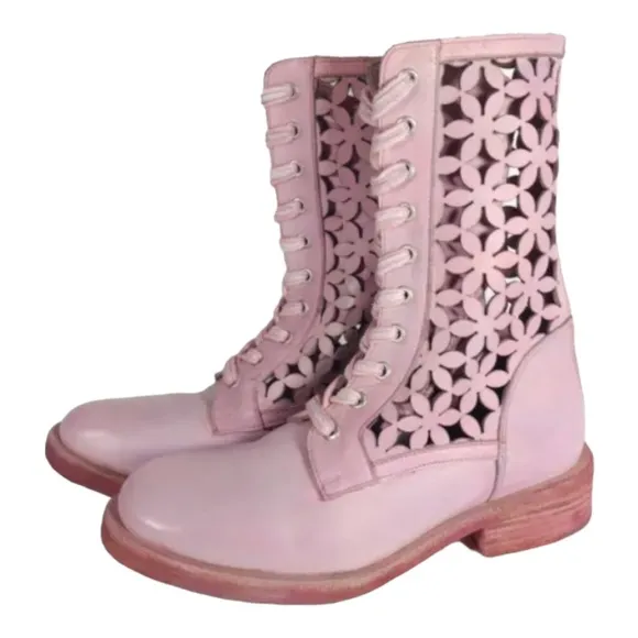 Free People Flower Power Lace-up Ankle Boots Pink Combat Boots Sz 36 US 6