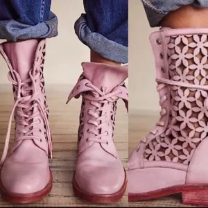 Free People Flower Power Lace-up Ankle Boots Pink Combat Boots Sz 36 US 6