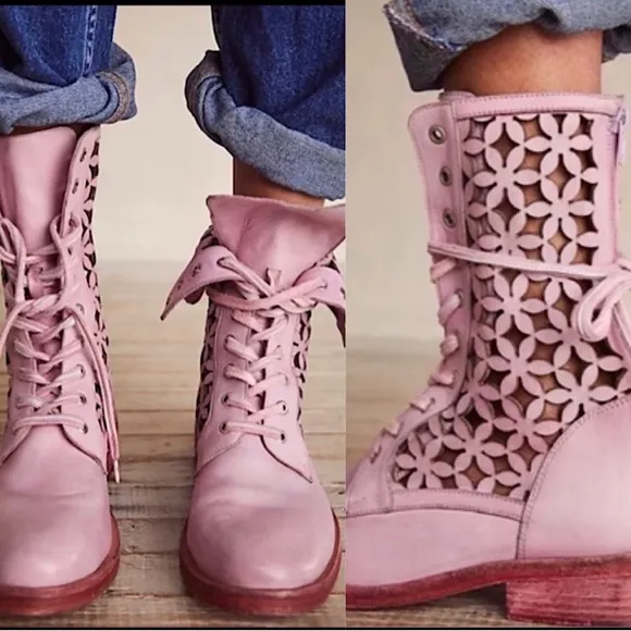 Free People Flower Power Lace-up Ankle Boots Pink Combat Boots Sz 36 US 6