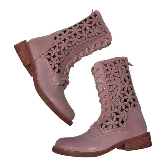 Free People Flower Power Lace-up Ankle Boots Pink Combat Boots Sz 36 US 6