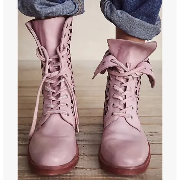 Free People Flower Power Lace-up Ankle Boots Pink Combat Boots Sz 36 US 6