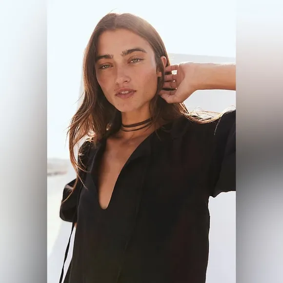 Free People Mio Black Linen Blend Mini Dress Womens XS New Minimalist Boho