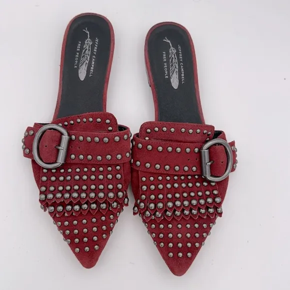 Free People x Jeffrey Campbell -Studded Mules fringe Burgundy suede flat shoes 9