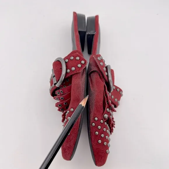 Free People x Jeffrey Campbell -Studded Mules fringe Burgundy suede flat shoes 9