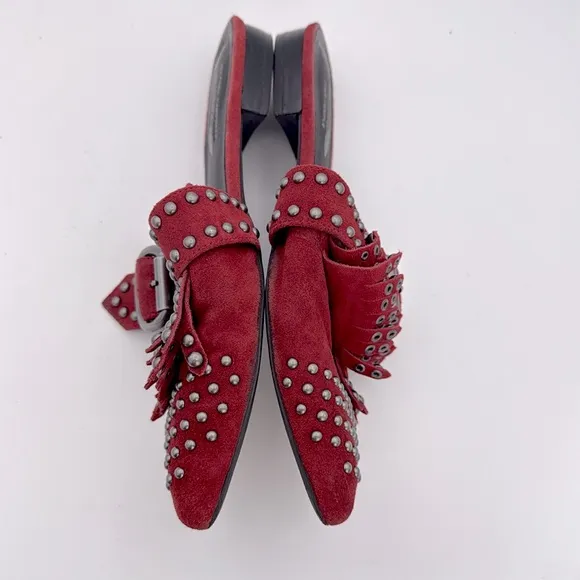 Free People x Jeffrey Campbell -Studded Mules fringe Burgundy suede flat shoes 9