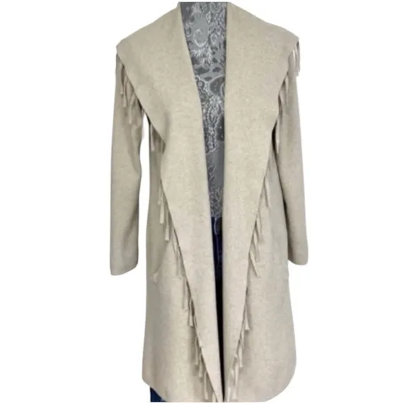 Fringe Cardigan Sweater Elegant Shawl Collar Open Front Cream Beige Taupe Tan