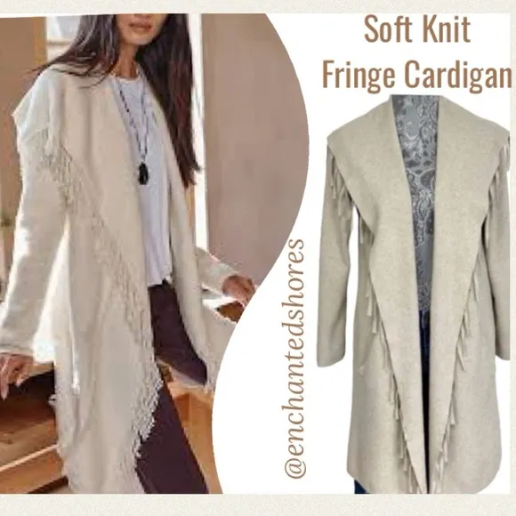 Fringe Cardigan Sweater Elegant Shawl Collar Open Front Cream Beige Taupe Tan
