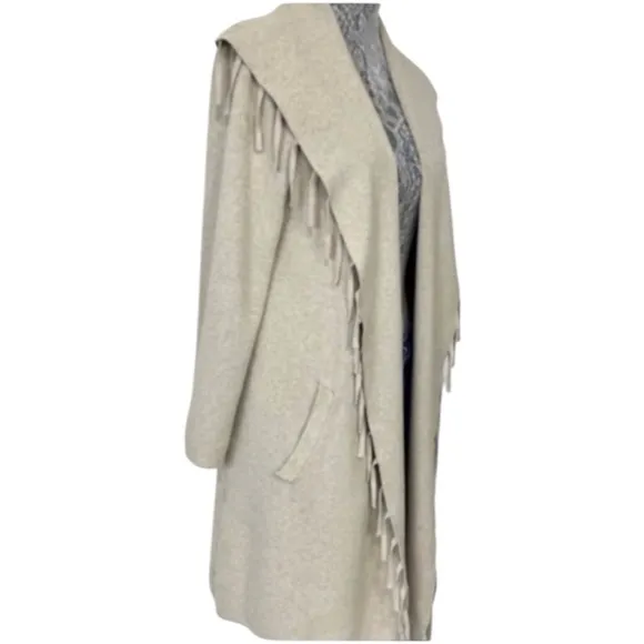 Fringe Cardigan Sweater Elegant Shawl Collar Open Front Cream Beige Taupe Tan