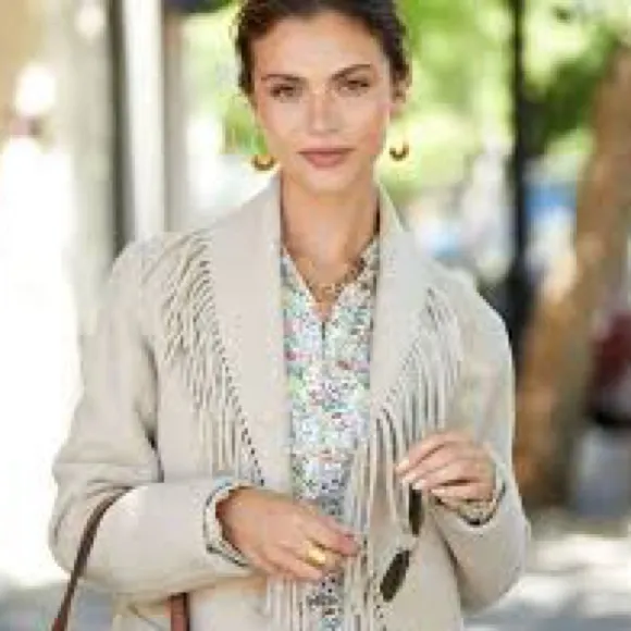 Fringe Cardigan Sweater Elegant Shawl Collar Open Front Cream Beige Taupe Tan