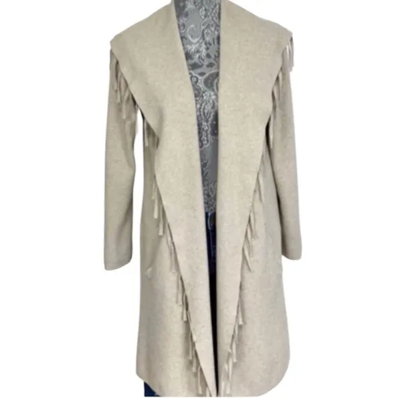 Fringe Cardigan Sweater Elegant Shawl Collar Open Front Cream Beige Taupe Tan