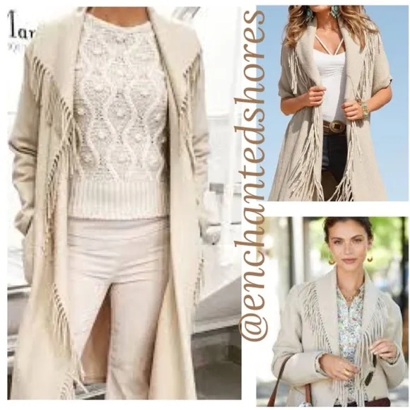 Fringe Cardigan Sweater Elegant Shawl Collar Open Front Cream Beige Taupe Tan