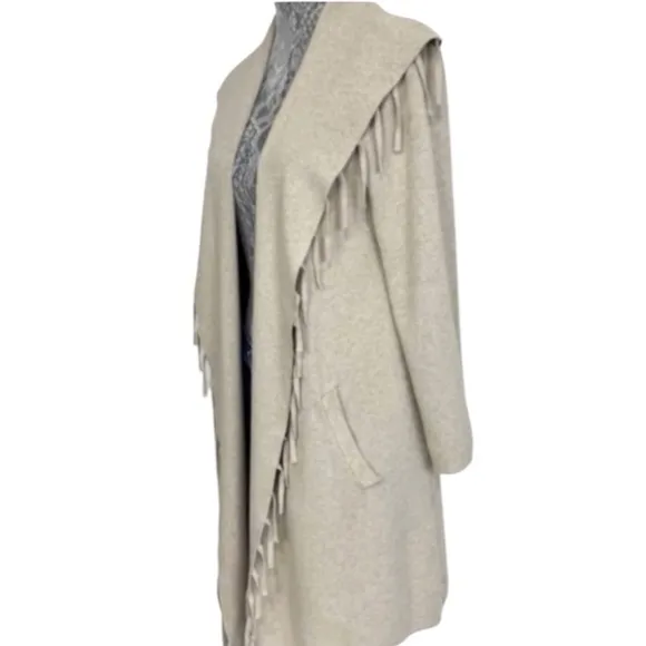 Fringe Cardigan Sweater Elegant Shawl Collar Open Front Cream Beige Taupe Tan