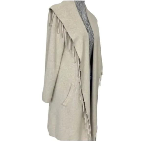 Fringe Cardigan Sweater Elegant Shawl Collar Open Front Cream Beige Taupe Tan