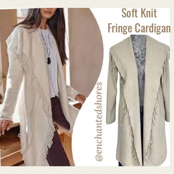 Fringe Cardigan Sweater Elegant Shawl Collar Open Front Cream Beige Taupe Tan