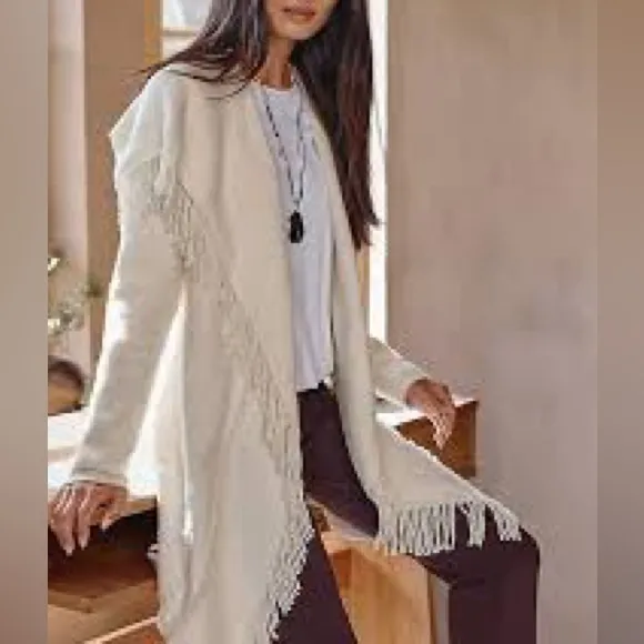 Fringe Cardigan Sweater Elegant Shawl Collar Open Front Cream Beige Taupe Tan