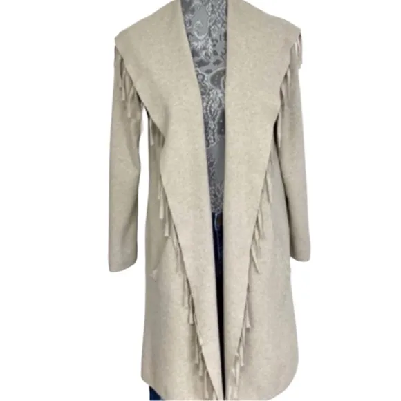 Fringe Cardigan Sweater Elegant Shawl Collar Open Front Cream Beige Taupe Tan