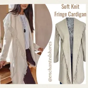 Fringe Cardigan Sweater Elegant Shawl Collar Open Front Cream Beige Taupe Tan