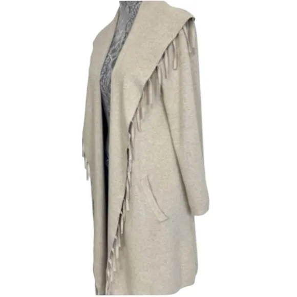 Fringe Cardigan Sweater Elegant Shawl Collar Open Front Cream Beige Taupe Tan