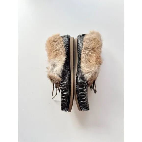 FRYE Mason Rabbit Fur Cuff Sheep Shearling Leather Slippers Moccasins, Size 7