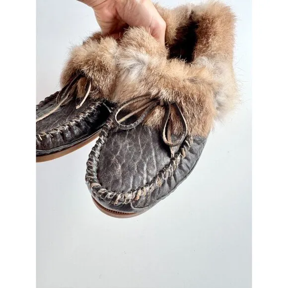 FRYE Mason Rabbit Fur Cuff Sheep Shearling Leather Slippers Moccasins, Size 7