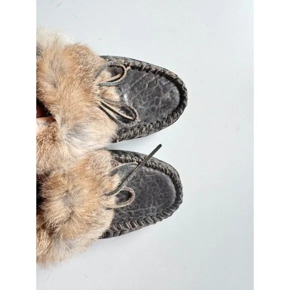 FRYE Mason Rabbit Fur Cuff Sheep Shearling Leather Slippers Moccasins, Size 7