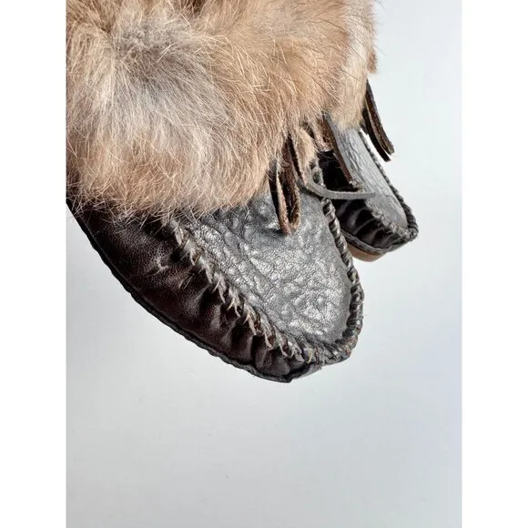 FRYE Mason Rabbit Fur Cuff Sheep Shearling Leather Slippers Moccasins, Size 7