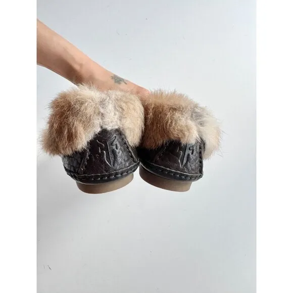 FRYE Mason Rabbit Fur Cuff Sheep Shearling Leather Slippers Moccasins, Size 7