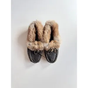 FRYE Mason Rabbit Fur Cuff Sheep Shearling Leather Slippers Moccasins, Size 7