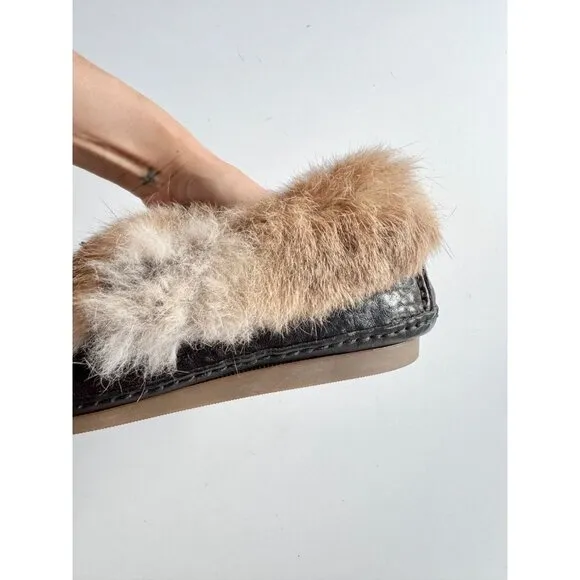 FRYE Mason Rabbit Fur Cuff Sheep Shearling Leather Slippers Moccasins, Size 7