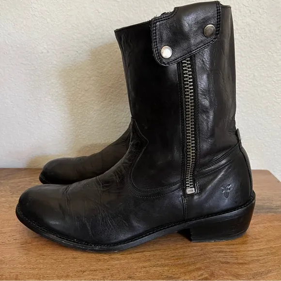Frye Men's 87665 Black  Leather Side Zip Ankle Western Biker Boots Sz 11 D