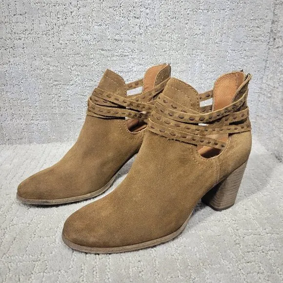 Frye Naomi Pickstitch Women's Size 9B Brown Suede Strappy Ankle Bootie Boots