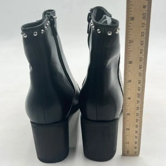 FSJ Black Block Low Mid Heel Pointy Toe Rivets Studs Side Zipper Ankle Boots