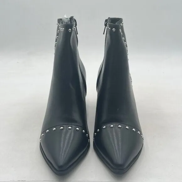 FSJ Black Block Low Mid Heel Pointy Toe Rivets Studs Side Zipper Ankle Boots